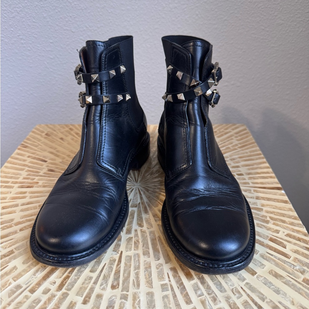 Valentino Rockstud Black Leather Ankle Boots with Studded Straps